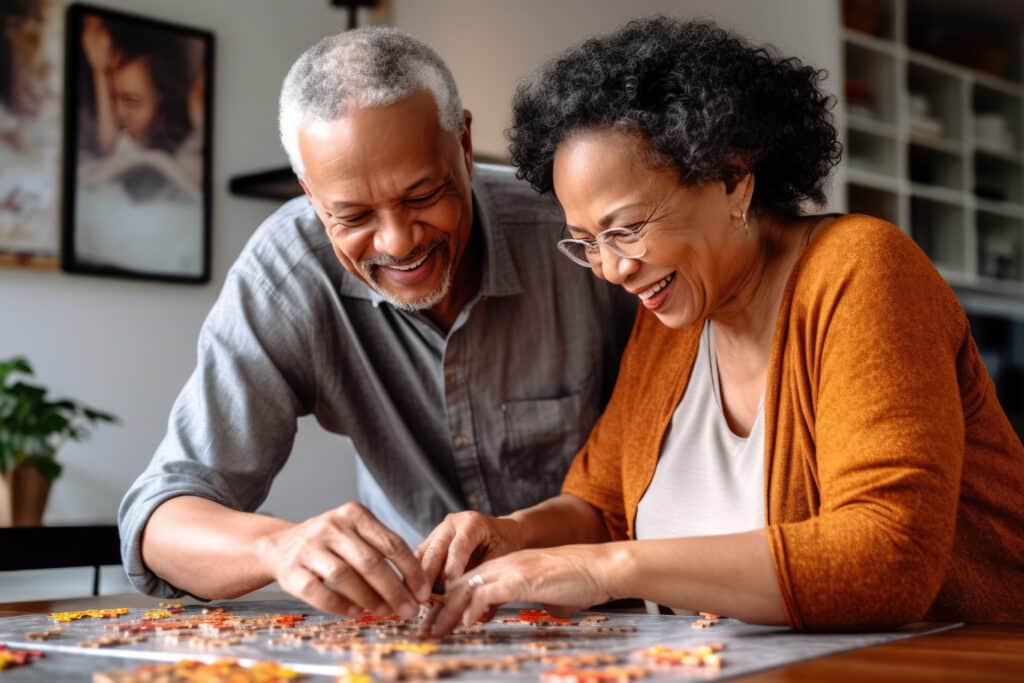 Mature couple having fun with a puzzle taking care of their mental health
